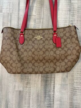 Coach Brown Signature Tote with Red Leather Handles